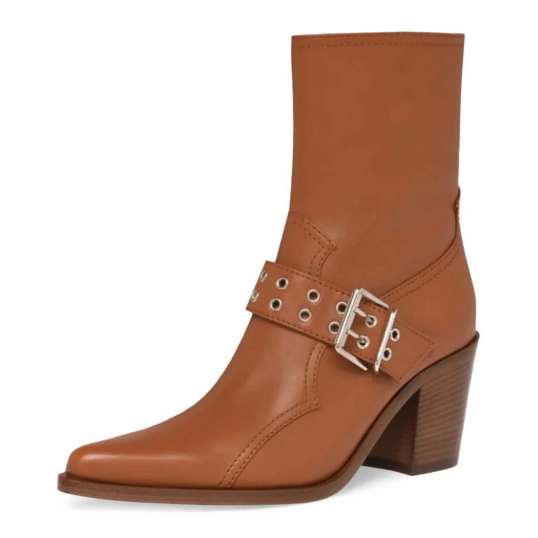 Brown Vegan Leather Pointed Buckle Inlay Ankle Boots with Block Heel