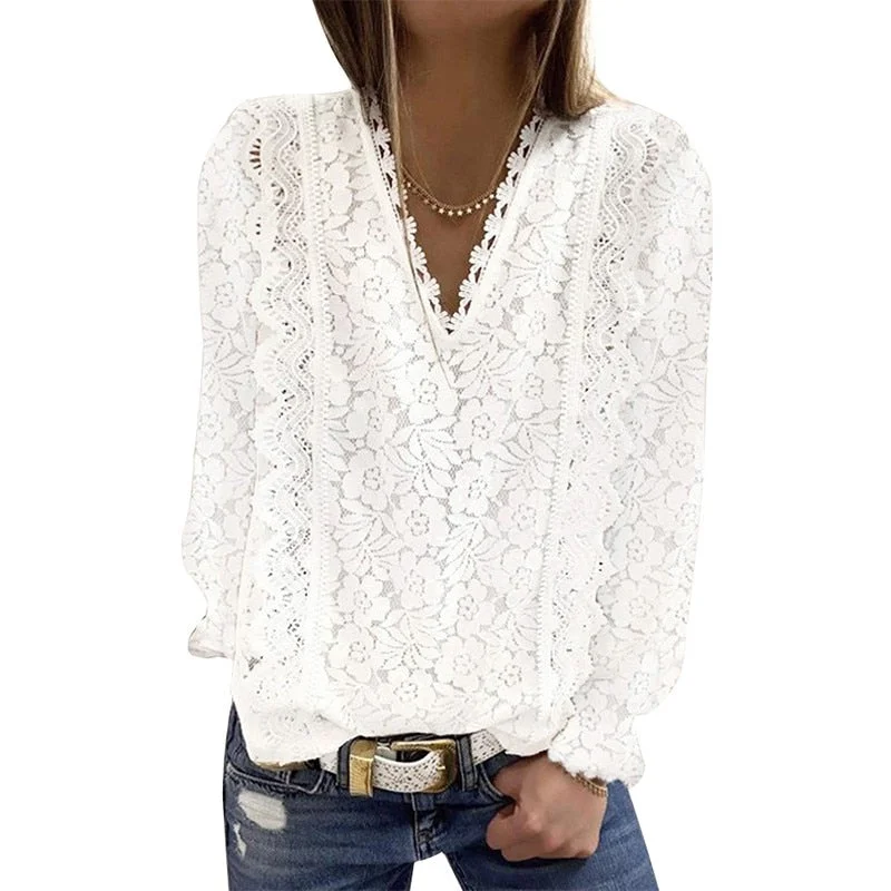 Plus Size Loose Women For Blouses 2022 New O Neck Long Sleeve Elegant Chic Ladies Lace Shirt Tops Fashion Casual Women Blouse