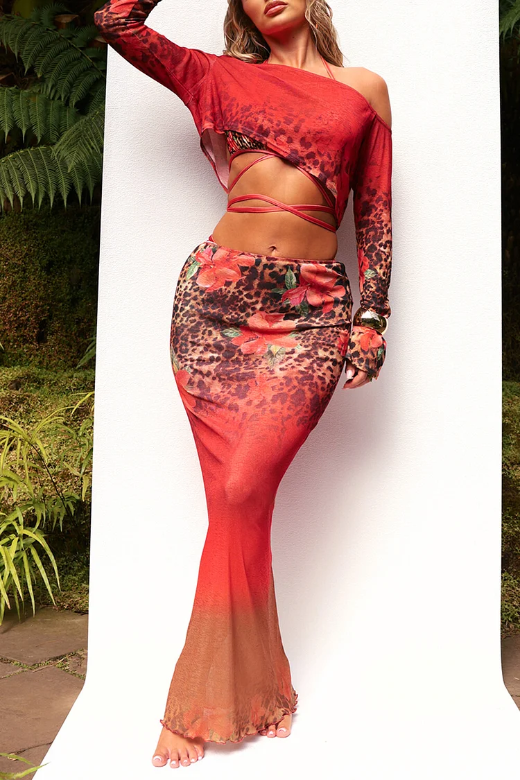Long Sleeve Crop Top Leopard Floral Print Maxi Skirt 2pcs Set-Red [Pre Order]