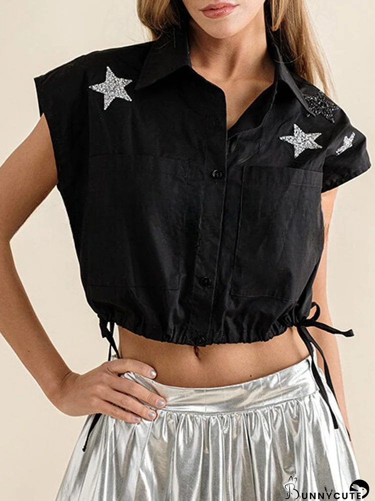 Lapel Casual Stylish Loose Print Drawstring Blouse