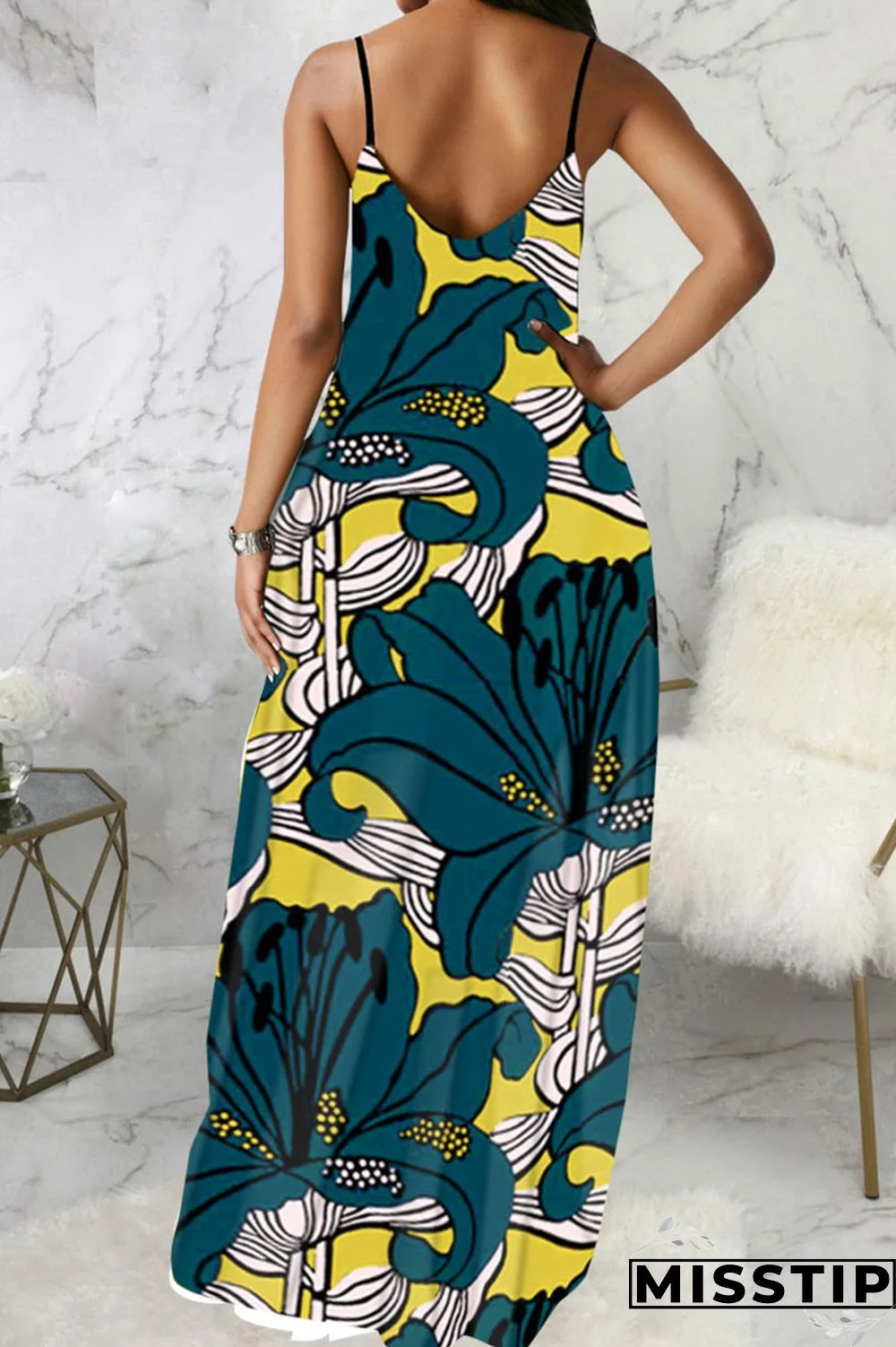 Blue Black Casual Print Patchwork Spaghetti Strap Sling Dress Dresses