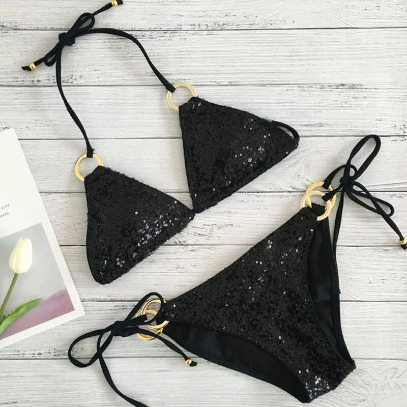 2021 New Sexy Bikinis Sequins Golden Color Women Bandage Bikini Set Push-up Padded Bra Swimsuit Suit Swimwear 2570