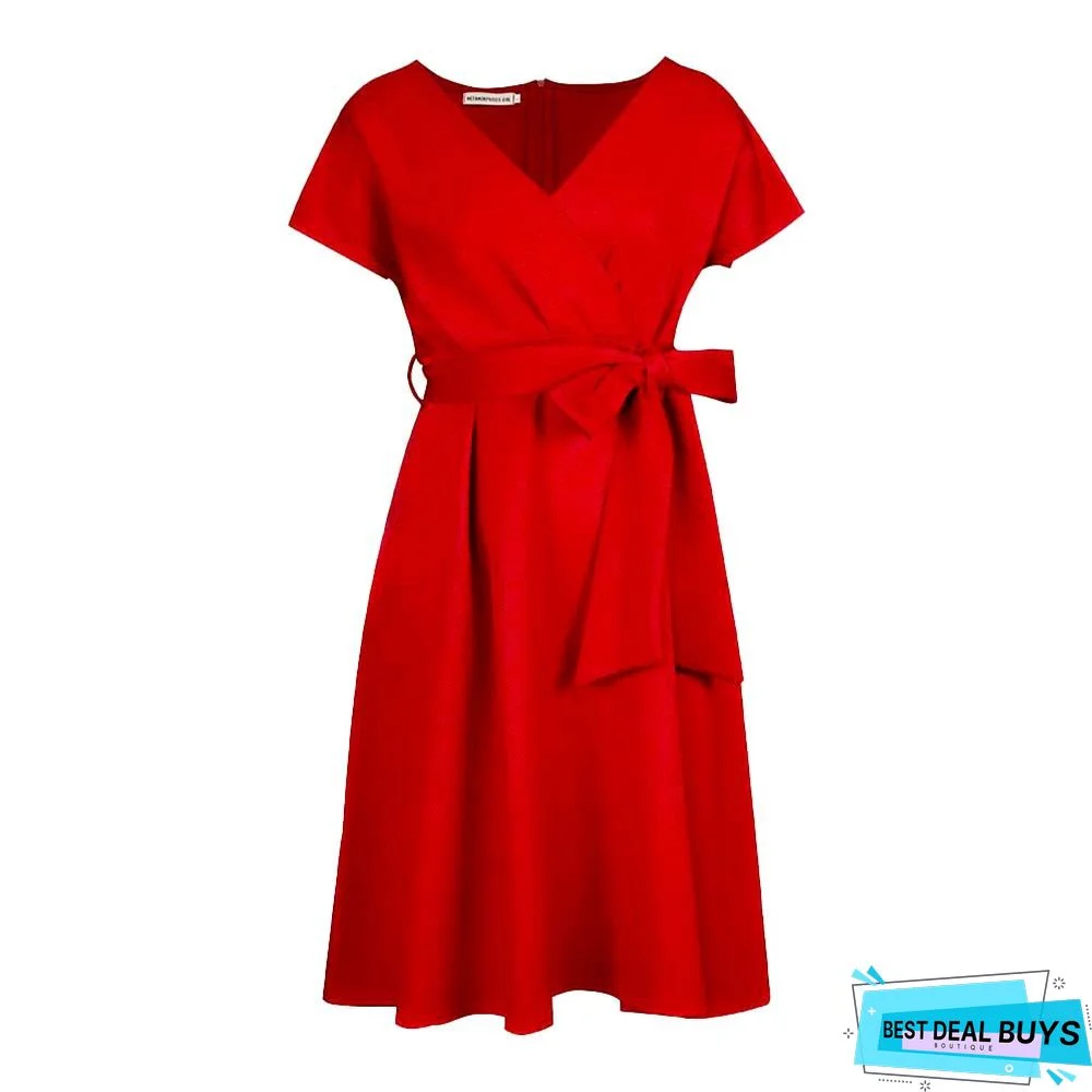 V-Neck Solid Color Waist Bow Tie Dress White Dresses