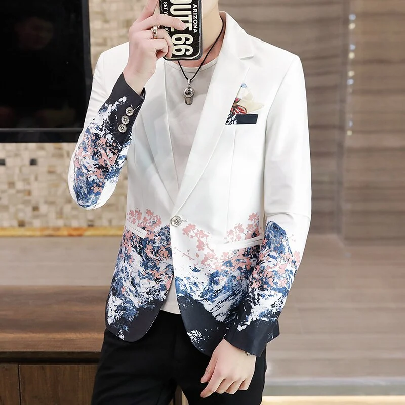 Woherb Men's Summer Blazer Fashion Korean Clothing Gradient Inspired Prints Fancy Floral Suit Jacket Casual Slim Fit Blazzer Coat