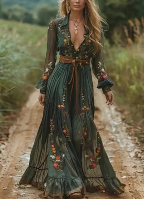 Boho Green Peter Pan Collar Print Wrinkled Cotton Long Dresses Fall Pastoral Style