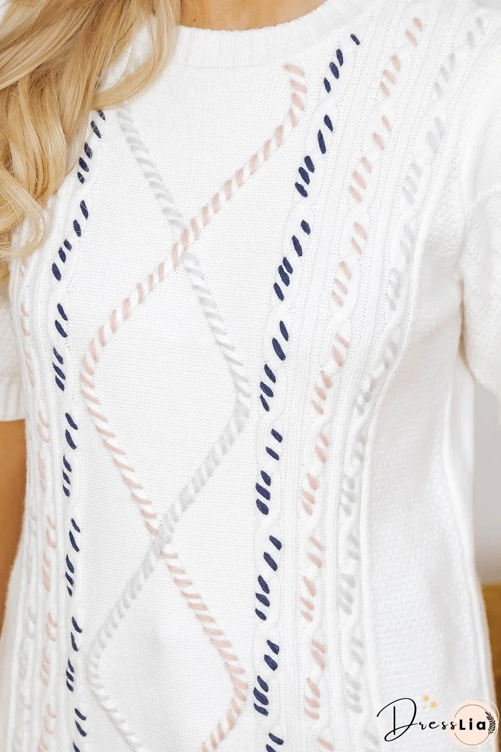 White Multicolor Stitch Detail Cable Knit Short Sleeve Sweater