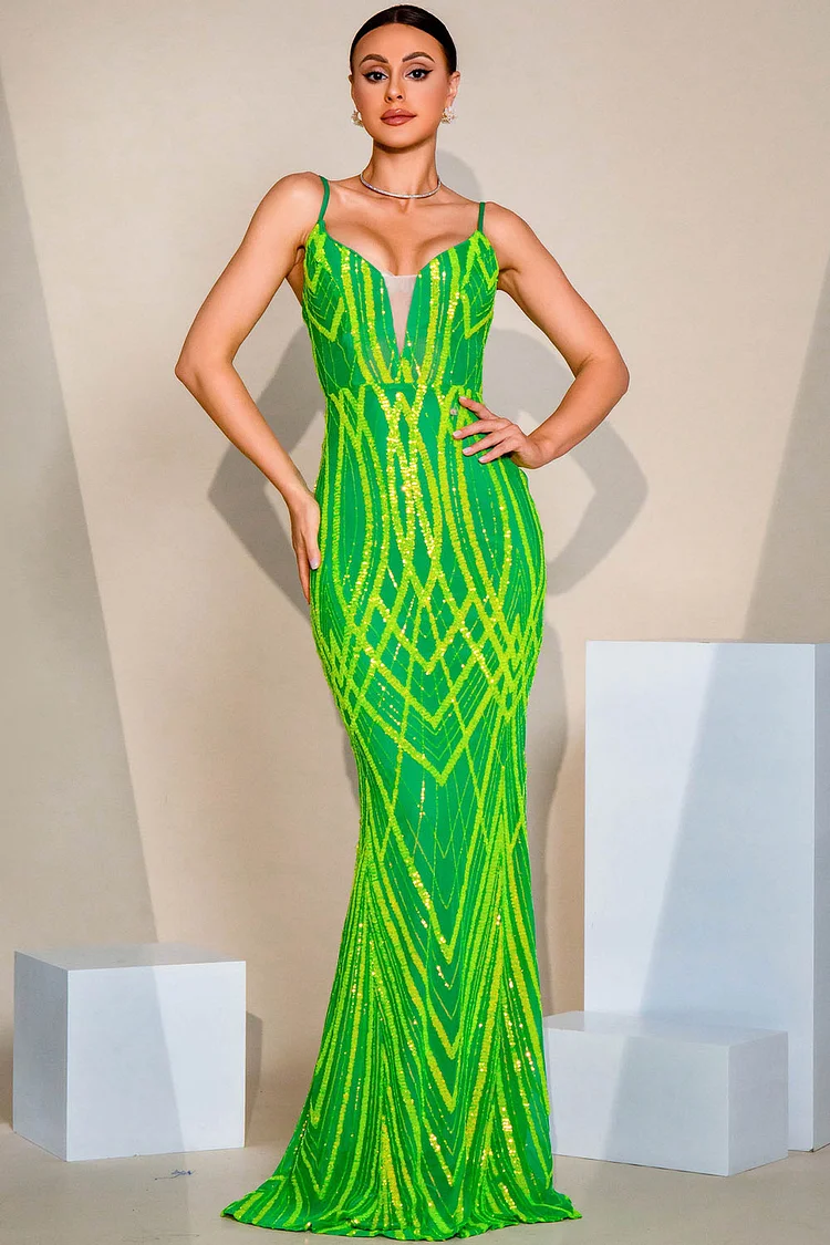Sequin Lace Up Back Cami Mermaid Maxi Dress-Green