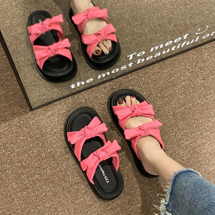 Wongn Wongn Summer New Fashion Korean Version Bow Knot Sweet And Lovely Thick Bottom Outside Wear Cool Slippers Women's Shoes Hot Style