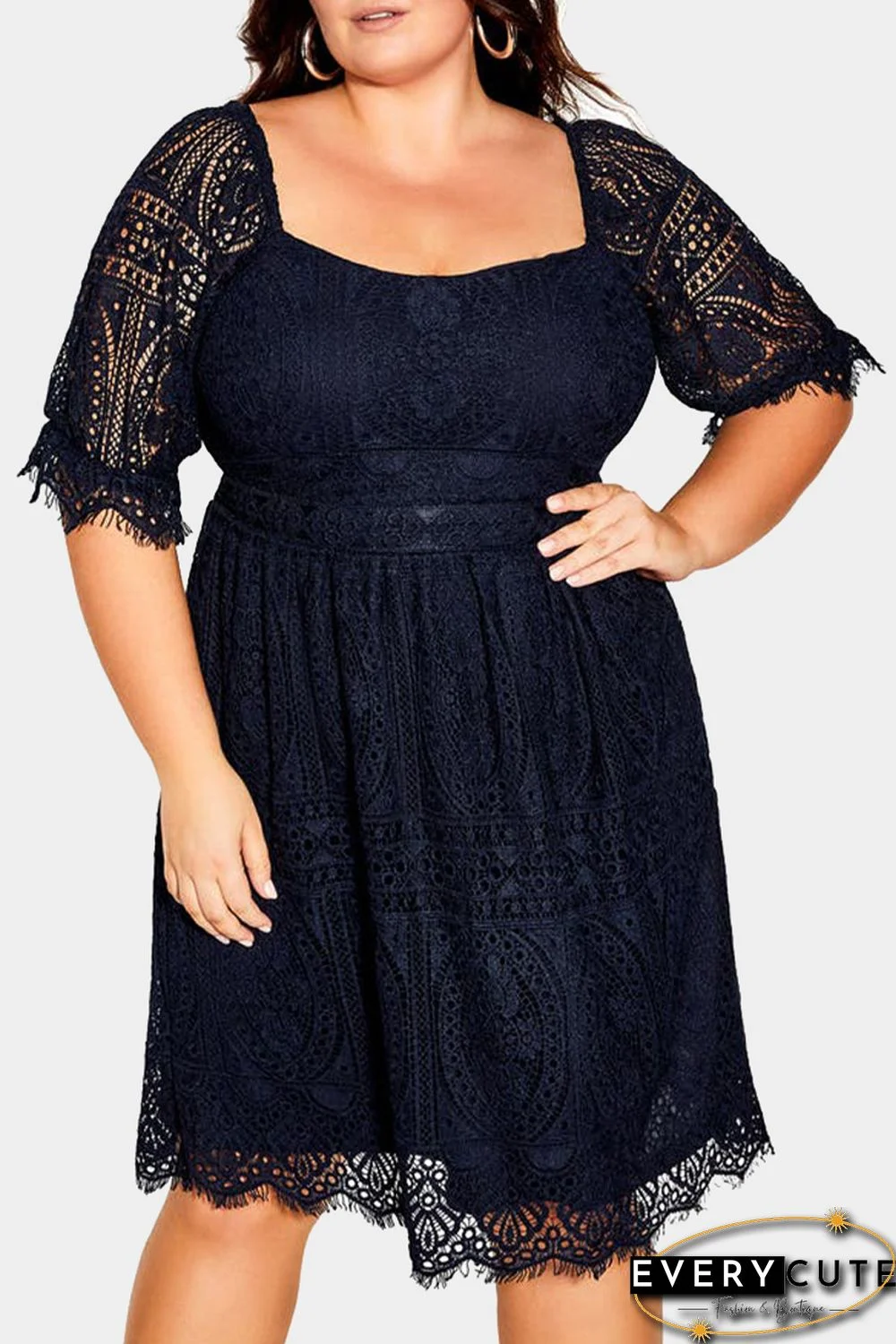 Black Eyelash Lace Square Neck Plus Size Dress
