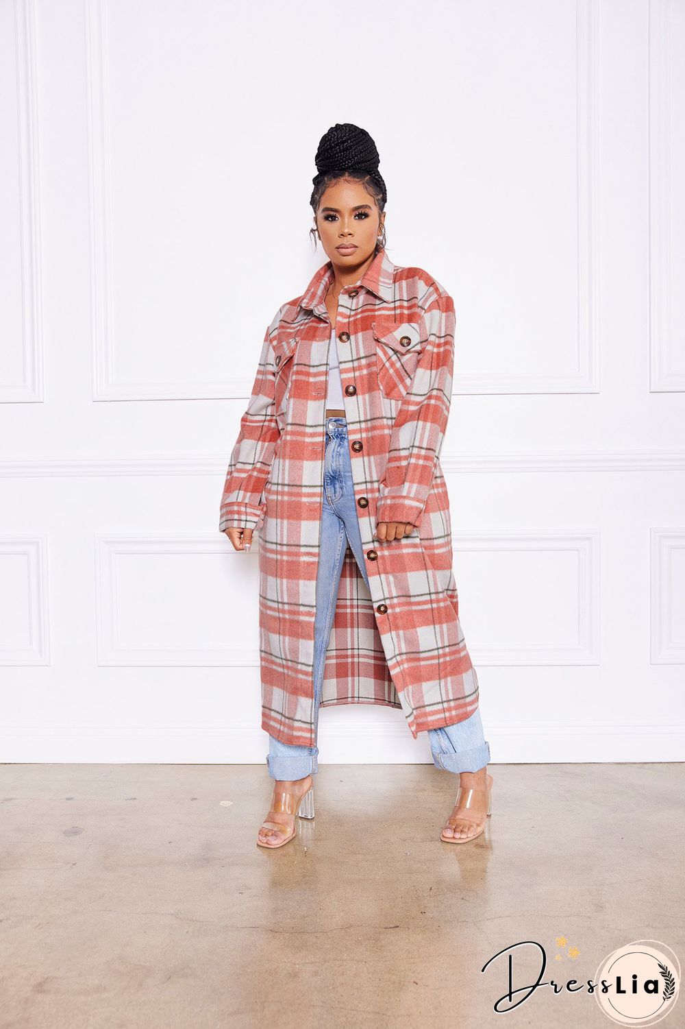 Classic Check Single-breasted Long Woolen Coat