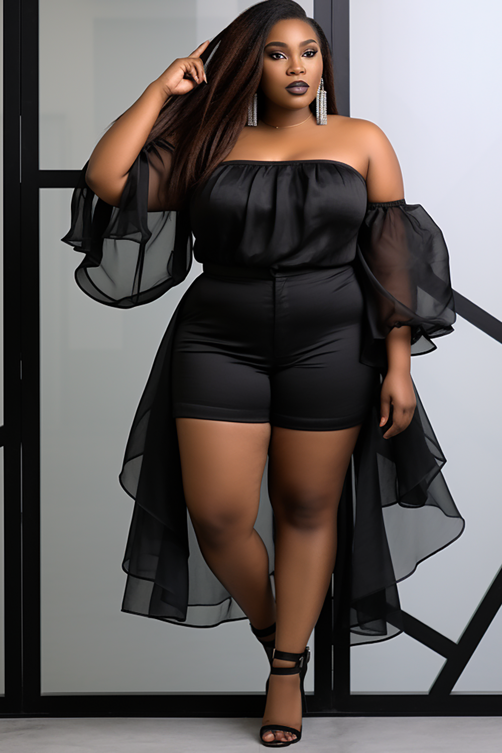 Design Plus Size Daily Black Party Off The Shoulder Puff Sleeve Mesh Two Piece Sets [Pre-Order]