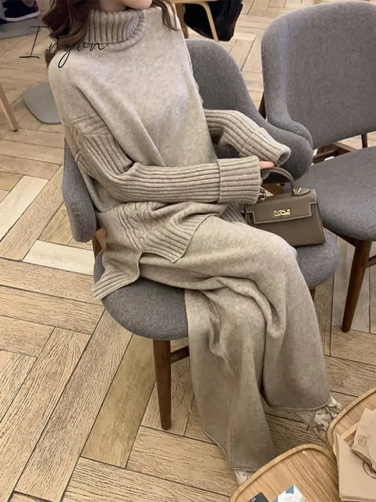 Ingvn - Sweater Set Women Tracksuit Spring Autumn Knitted Suits 2 Piece Warm Turtleneck Pullovers