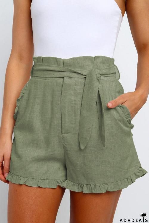 Beige Ruffled Trim High Waist Getaway Shorts