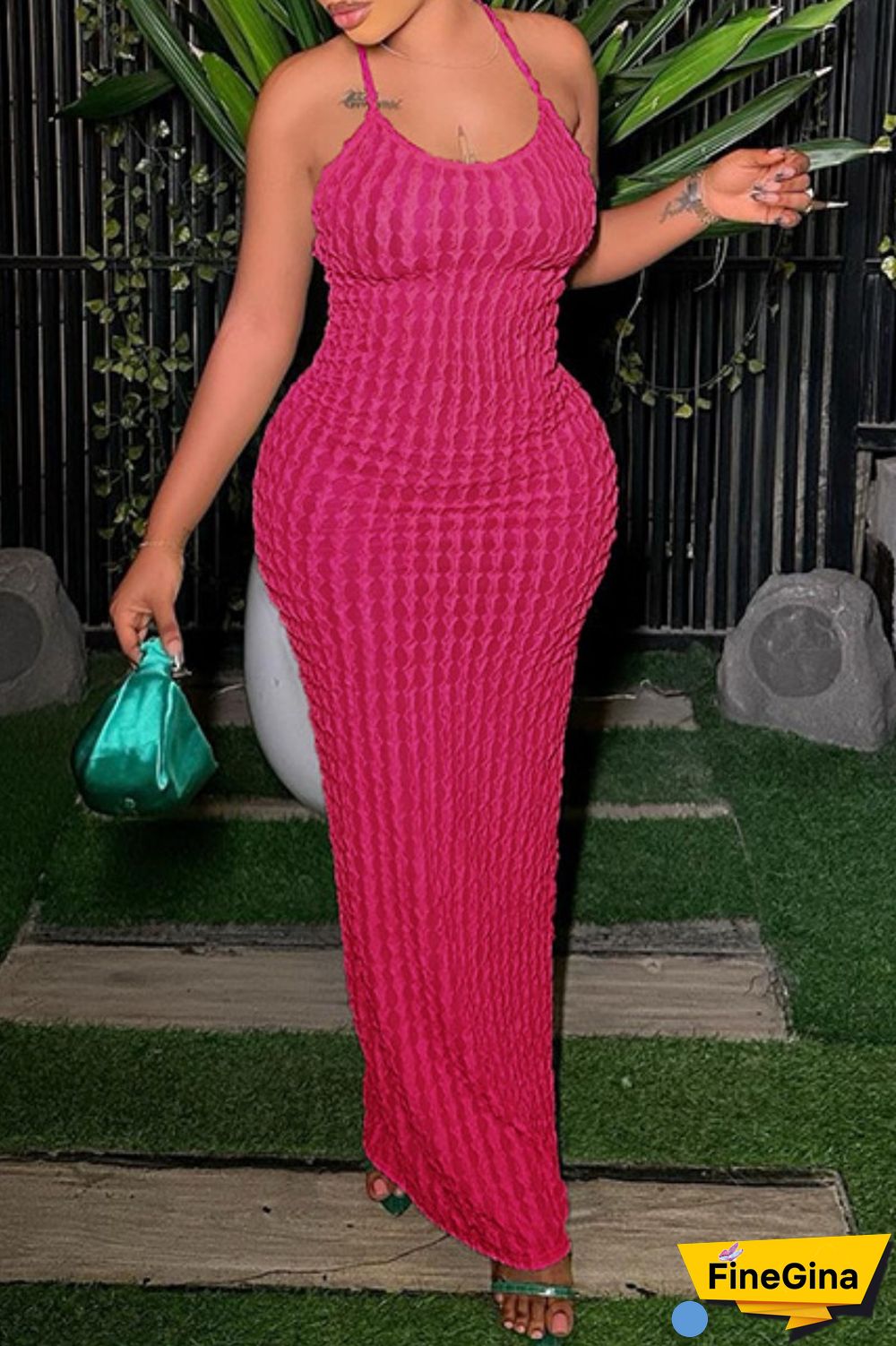 Rose Red Sexy Solid Backless Cross Straps Long Dress Dresses