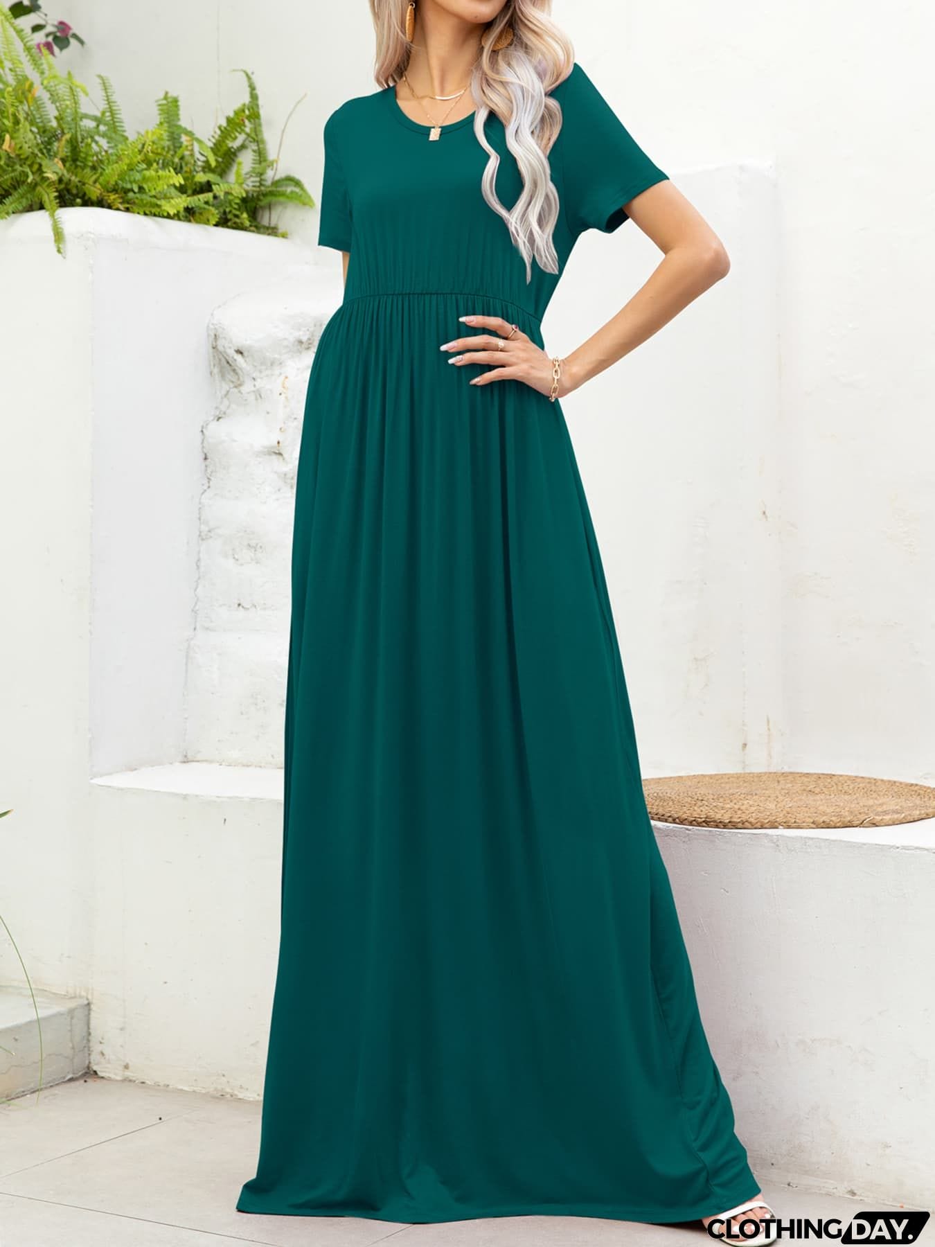 Round Neck Short Sleeve Maxi Dress with Pockets