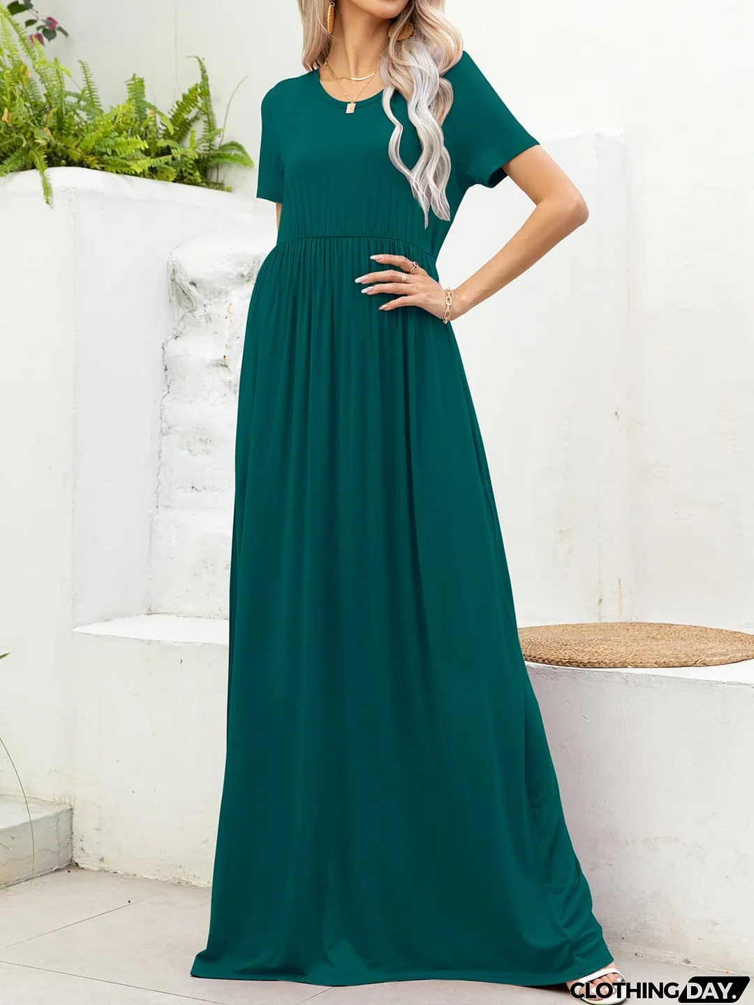 Round Neck Short Sleeve Maxi Dress with Pockets