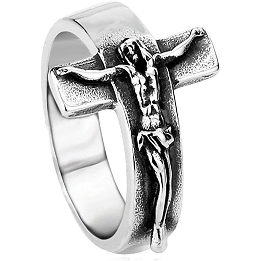 JAJAFOOK Men's Vintage Stainless Steel Jesus Cross Band Crucifix Ring