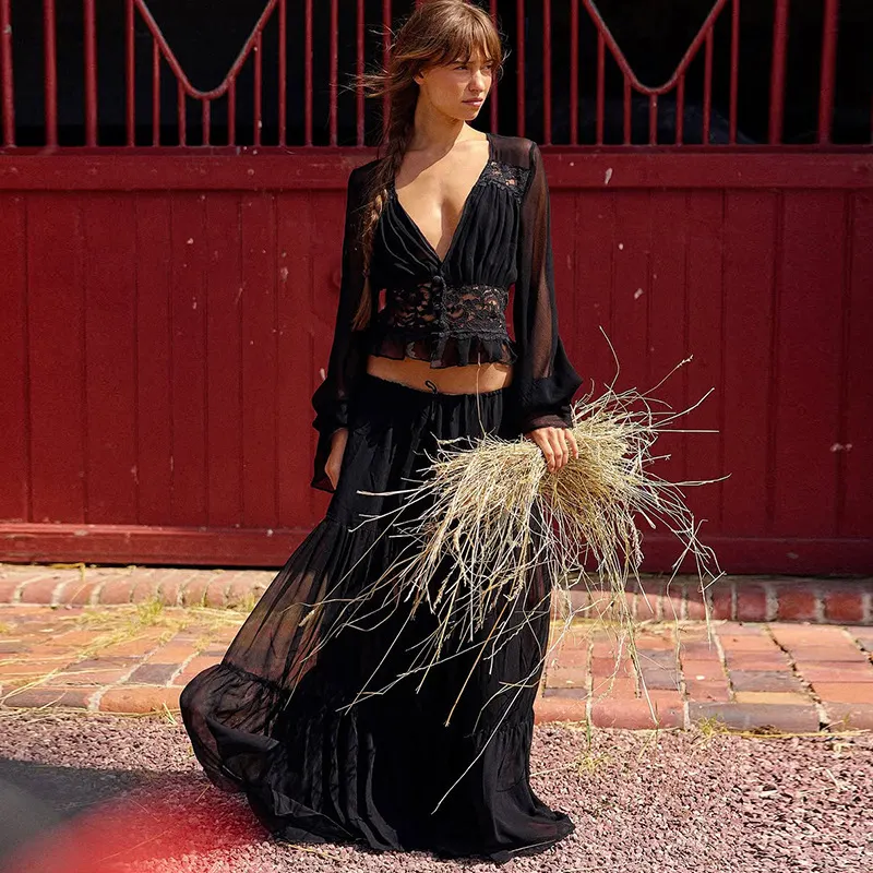 Women Matching Flowy Linen Look Lace Spliced V-Neck Long Sleeve Chiffon Tiered Skirt Two Piece Casual Daily Outfit Set