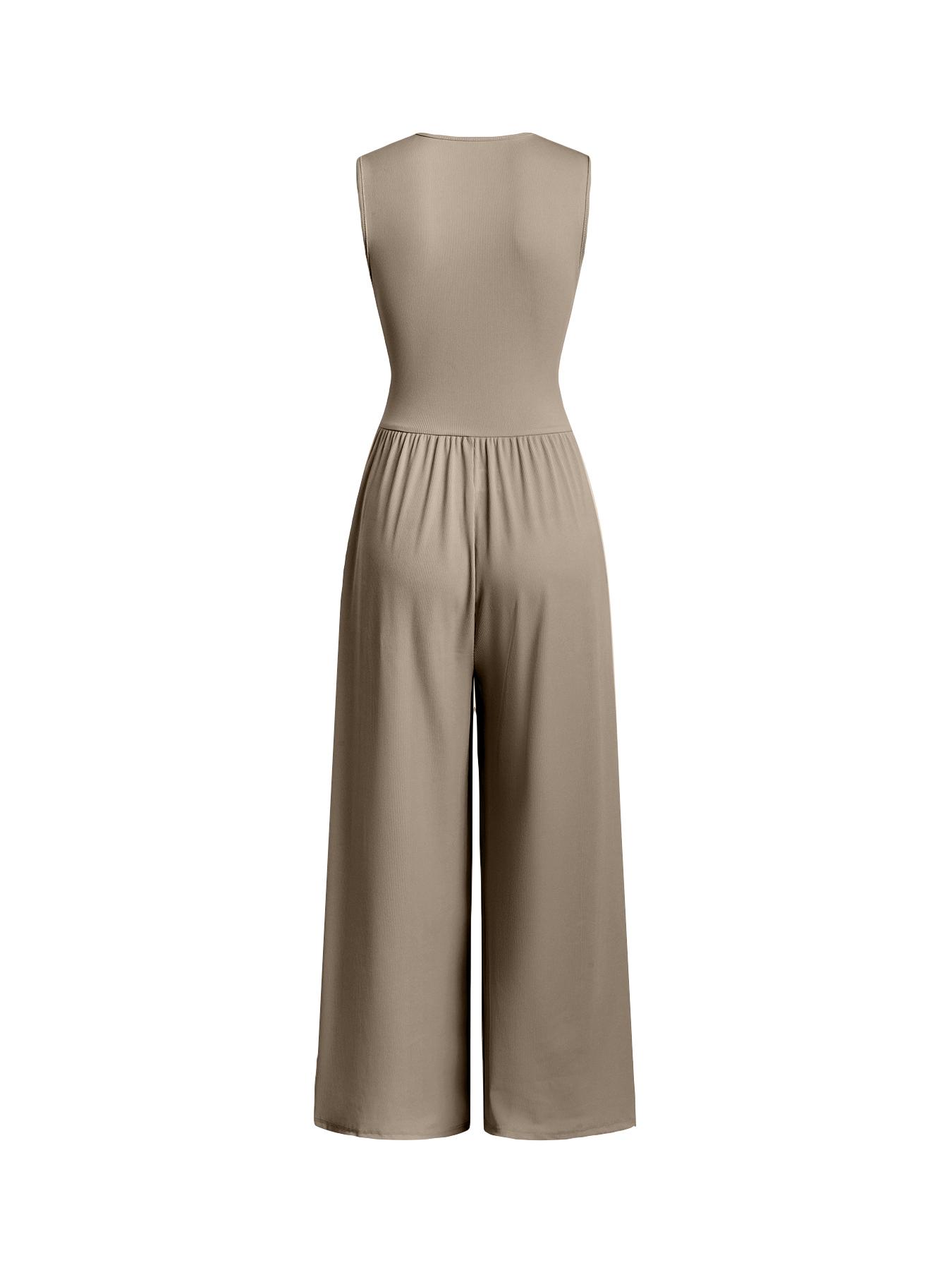 Women's Plain Ruched Deep V Neck Wide Leg Jumpsuit, Casual Sleeveless Ribbed Jumpsuit for Daily Wear, Ladies Clothes for All Seasons, Womenswear Basic Minimalist