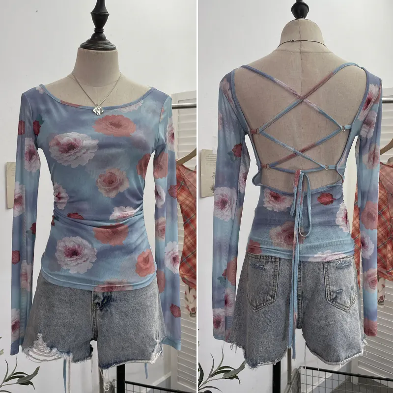 Uveng Vintage Print Repair Body Clothes Bump Color Mesh Strapd To The Big Bare Back Long-Sleeved Bottom Shirt T-Shirt 9939