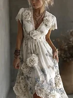 Women's Retro White Rose Lace Splicing Linen Short Dress