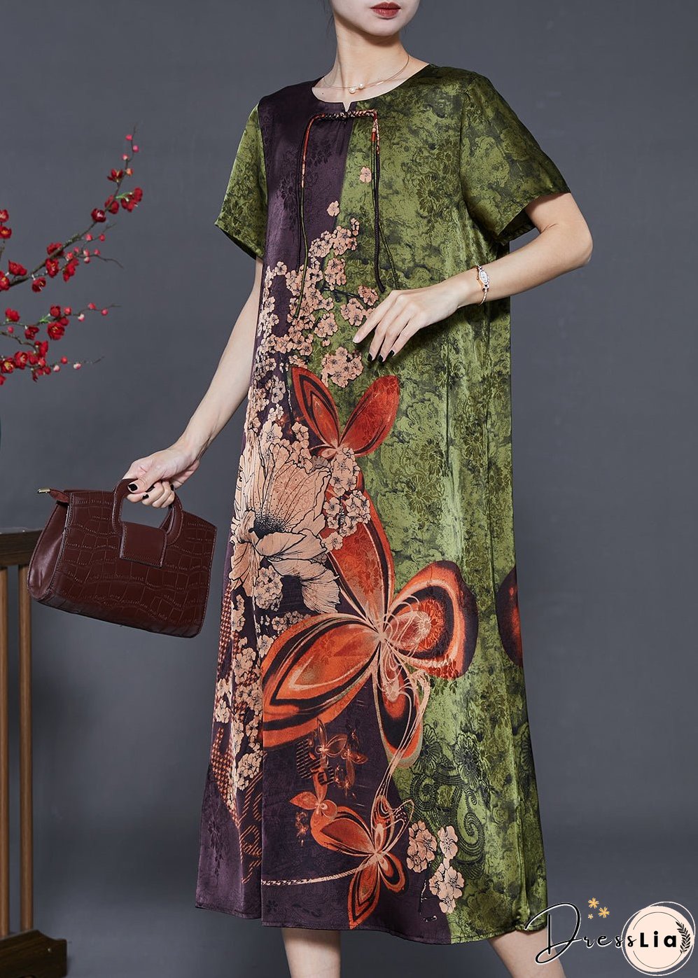 Green Print Silk Holiday Dress Chinese Button Summer