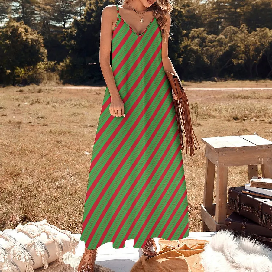 Christmas Peppermint Candy Cane Holiday Women's Casual Strappy V Neck  Sleeveless Flowy Loose Long Maxi Beach Dress Sundress