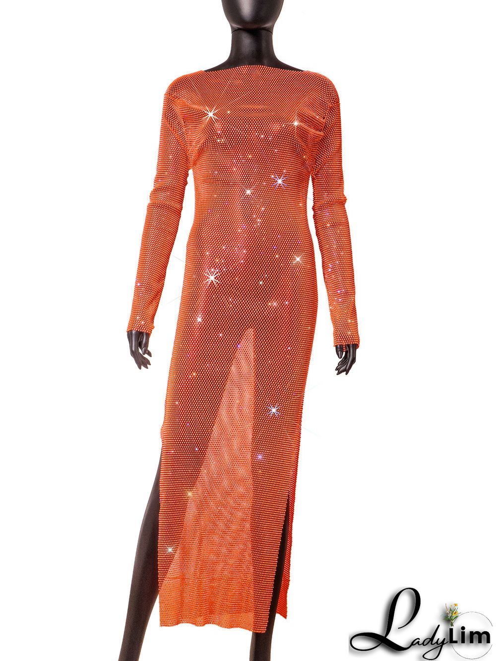 Women's Side Slit Party Night Round Neck Long Sleeve Sparkly Beaded Maxi Dress