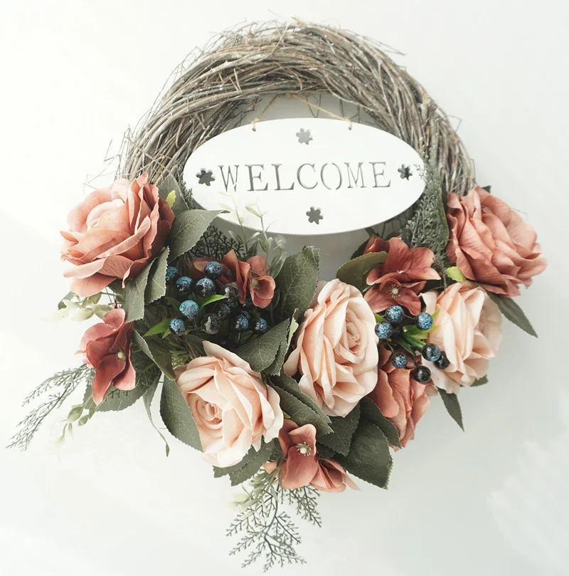 Pink Rose and Blueberry Spring Grapevine Wreath