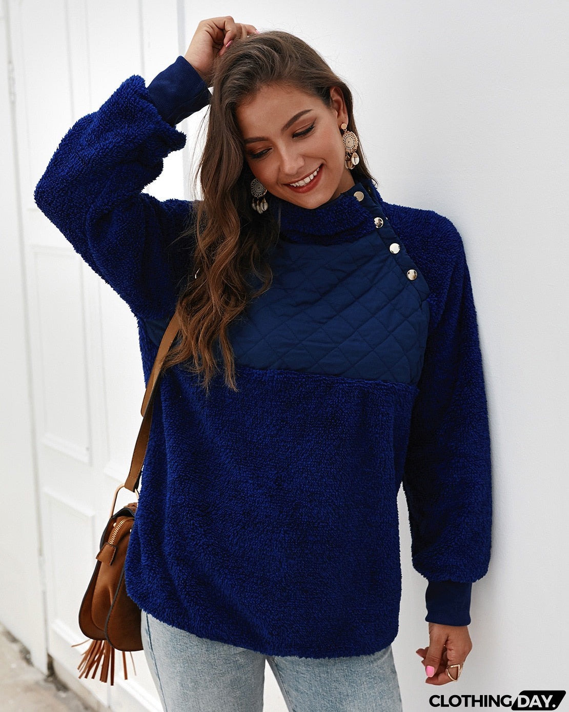 Sweatshirts Women Long Sleeve Patchwork Color Fahsion Autumn Winter Pullover Black Ladies Plush Warm Tops Clothing