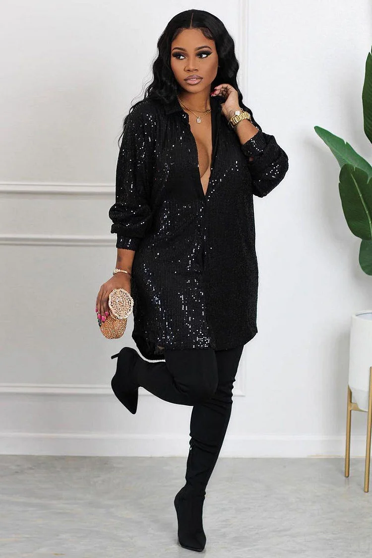 Sequin Casual Long Sleeve Party Shirt Mini Dresses