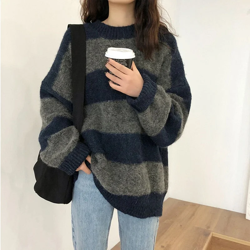 Women Knitted Striped Sweater Winter Casual Long Sleeve Pullover O-Neck Oversized Streetwear Sweater Warm Sueter Mujer