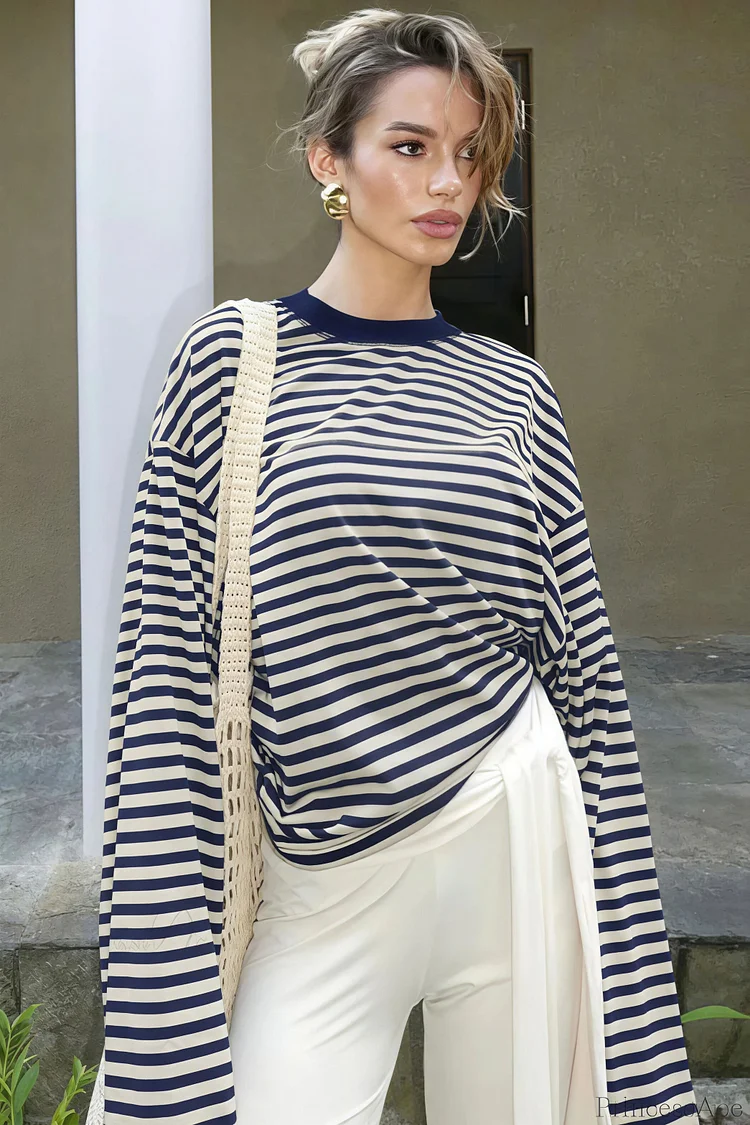Striped Color Block Crew Neck Loose Long Sleeve Tee