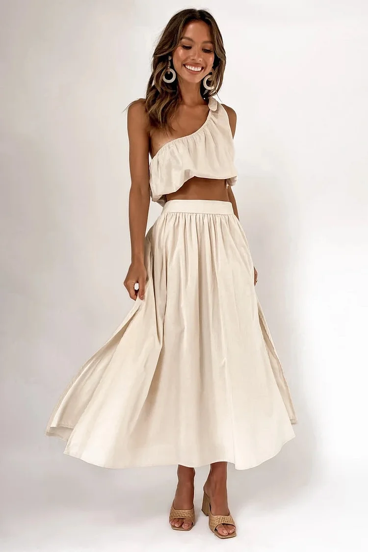 Solid Color One Shoulder Top and Skirt
