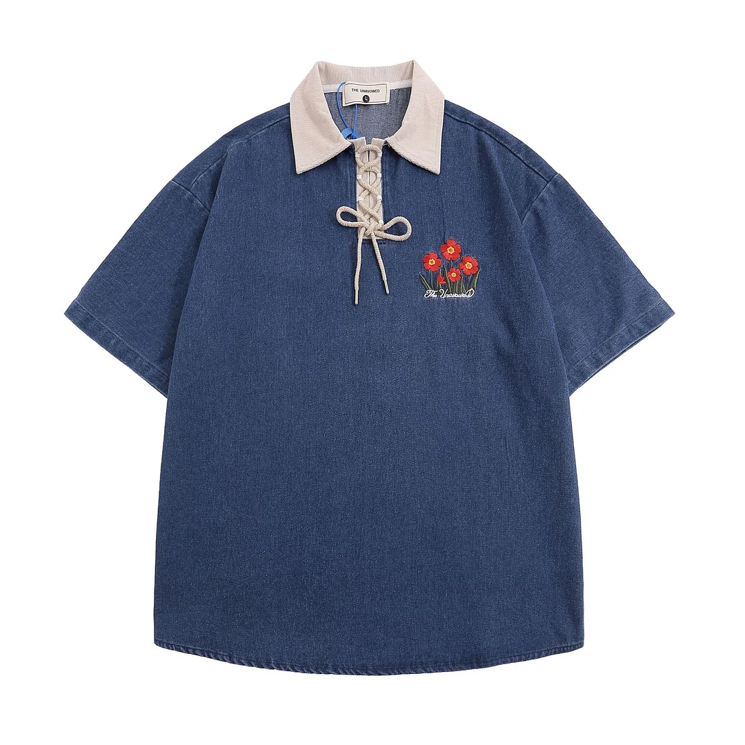 Retro Trendy Flower Embroidered Contrasting Lapel Short-sleeved T-shirt、、URBENIE