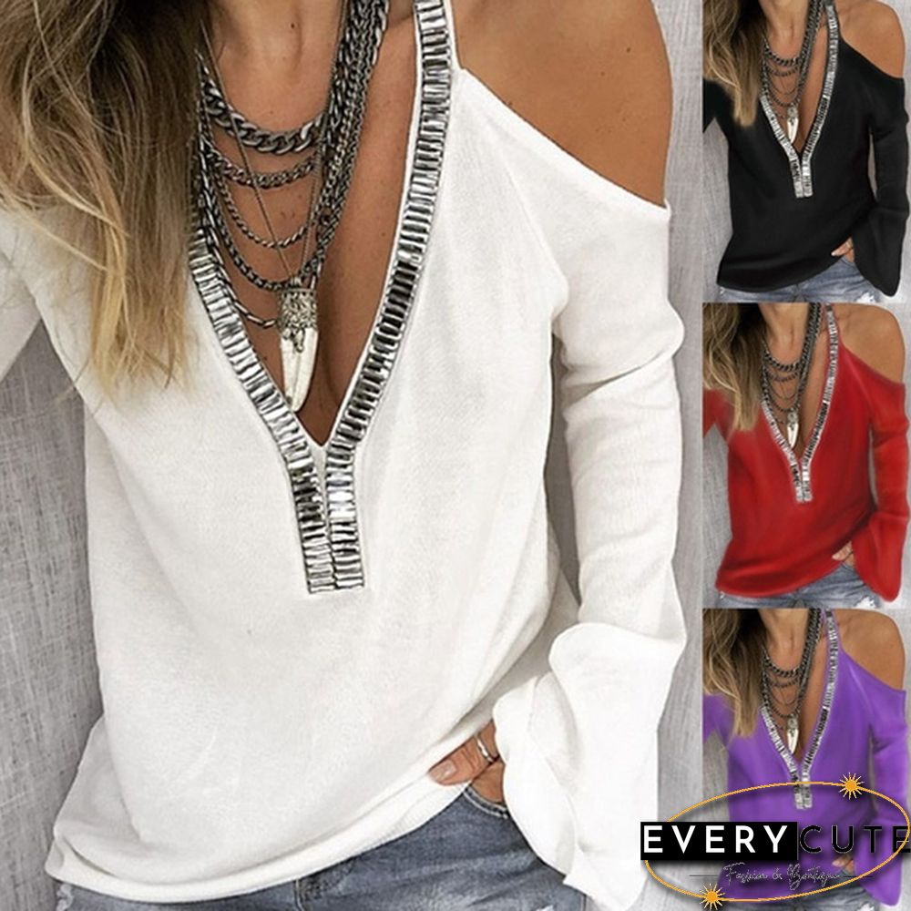 Plus Size S-5XL Autumn and Spring Women Fashion Blouse Casual Sequin Deep V-Neck Off Shoulder Long Sleeve Tops