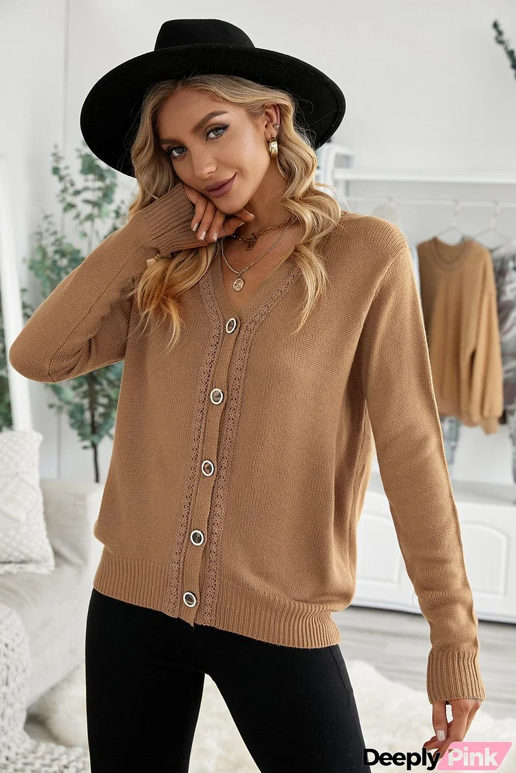 Women's Khaki V Neck Lace Splicing Buttoned Cardigan