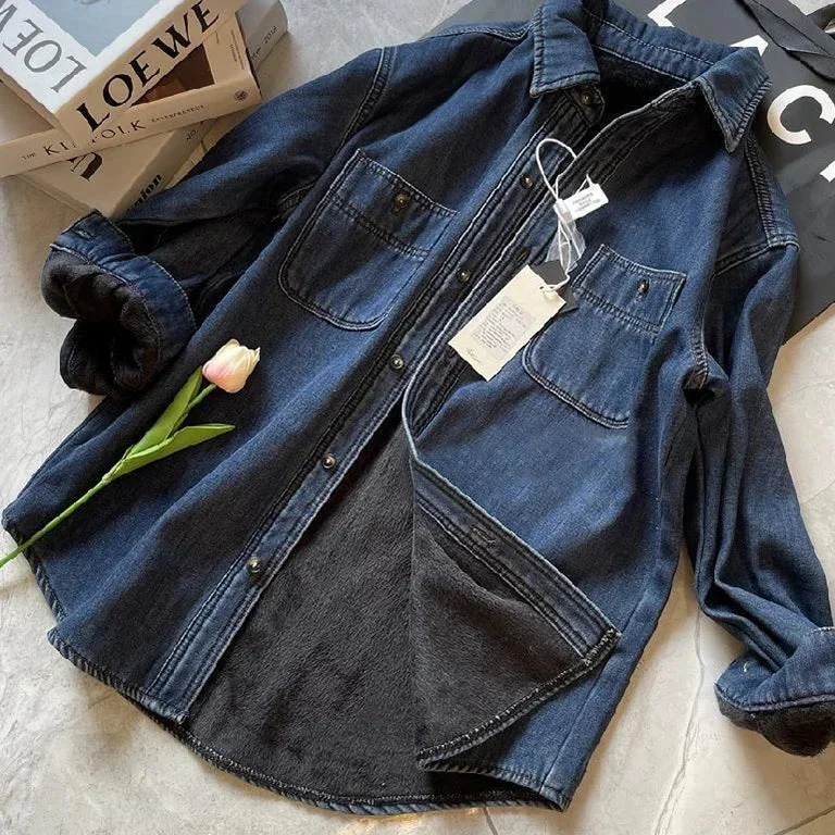 Nncharge Winter Retro Denim Cargo Shirts Fleece Single Breasted Straight Women Thick Washed Old Long Sleeve Double Pocket