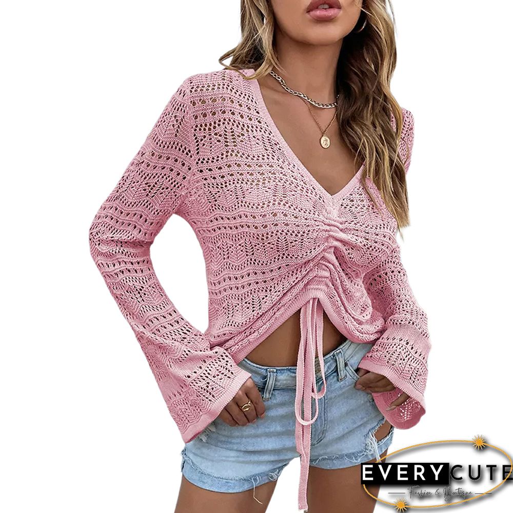 Pink V Neck Hollow-out Drawstring Crop Sweater