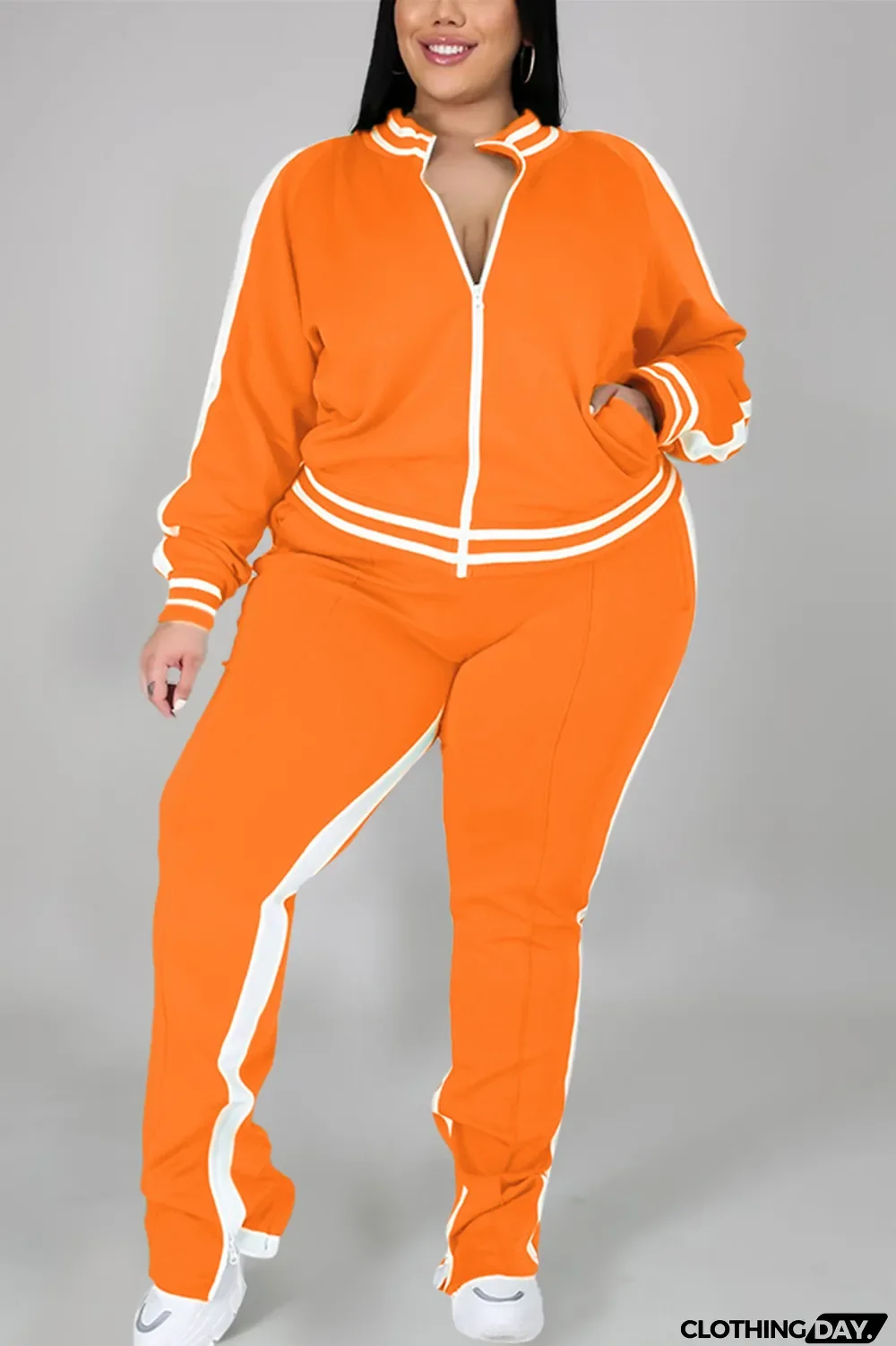 Black Fashion Casual Sportswear Zipper Collar Long Sleeve Regular Sleeve Patchwork Plus Size Set