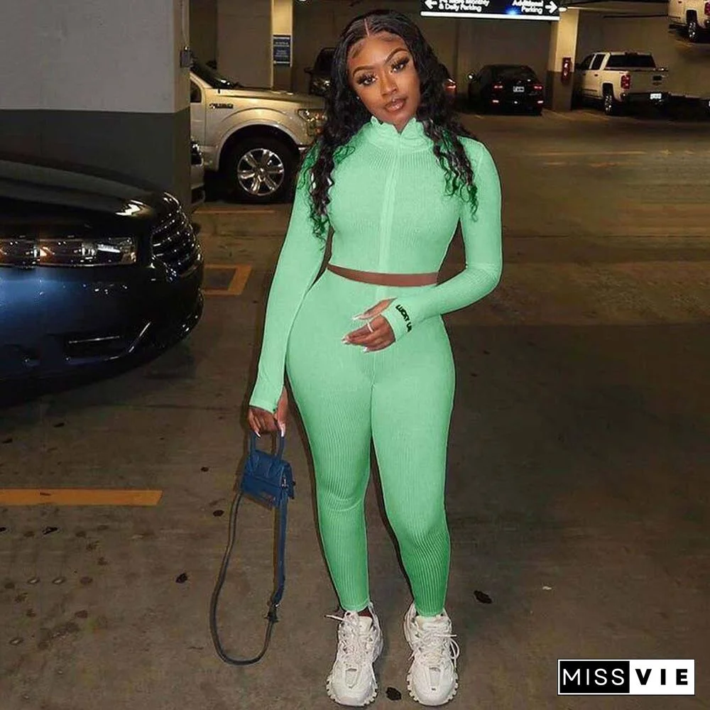 Autumn Ribbed Tracksuit Set Women Two Piece Outfits Work Out Sweat Suits Crop Top Women Set Fitness Sweatsuit Female