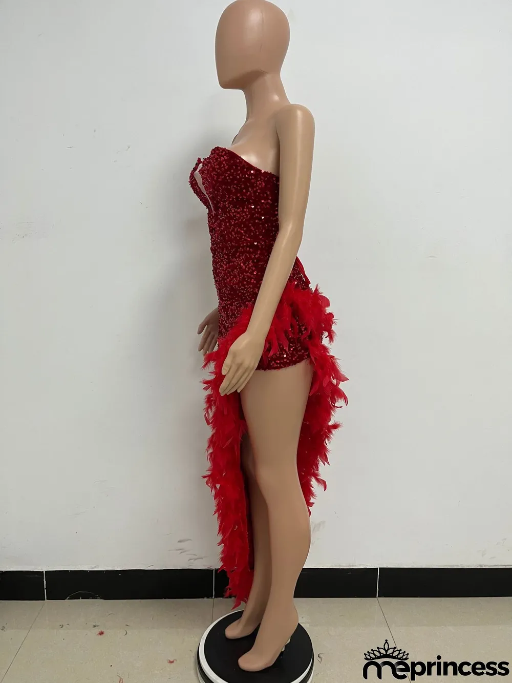 Women Sexy Off Shoulder Backless Sequin Feather Dress