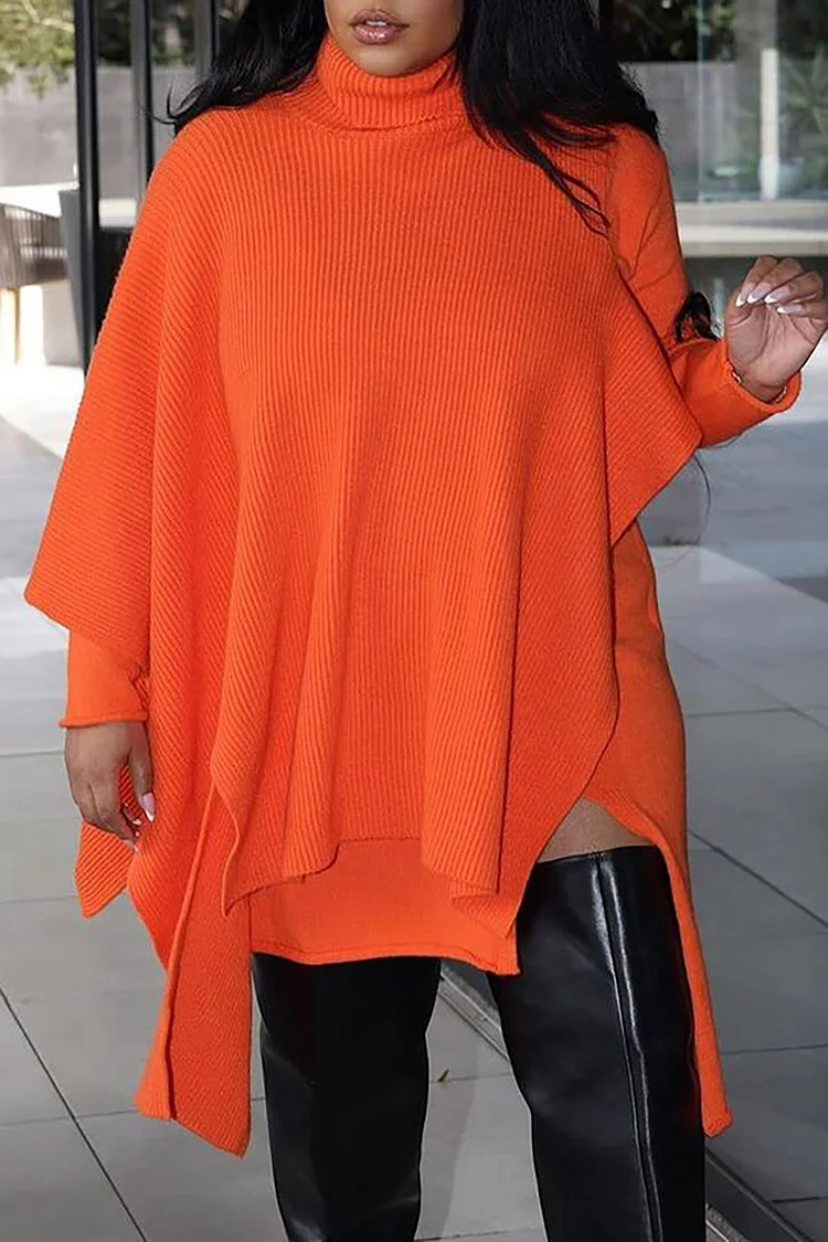 Plus Size Semi Formal Sweaters Casual Orange Fall Winter High Collar Long Sleeve Asymmetric Hem Knitted Two Piece Sweaters [Pre-Order]