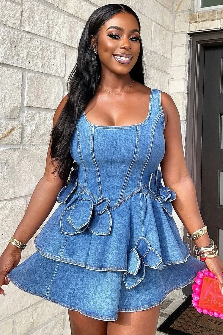 3D Flower Square Neck Sleeveless Layered Denim Mini Dresses-Blue [Pre Order]