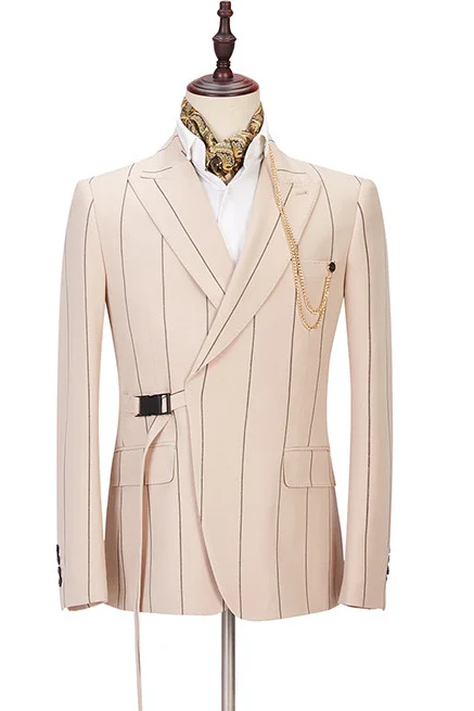 Morden Bespoke Light Champagne Prom Suit With Striped Reception Peaked Lapel