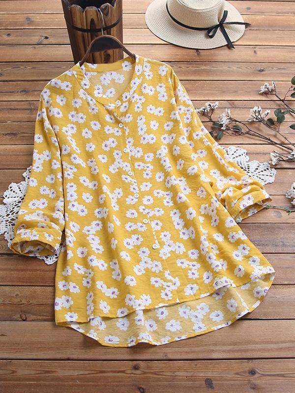 Ladies retro cotton linen daisy print long sleeve shirt-Mayoulove
