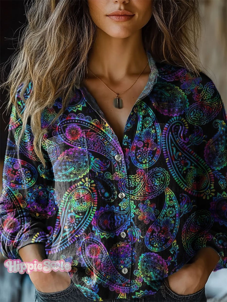 Women’s Gradient Paisley Art Print Casual Long Sleeve Comfortable Cotton Shirt Multicolor / S