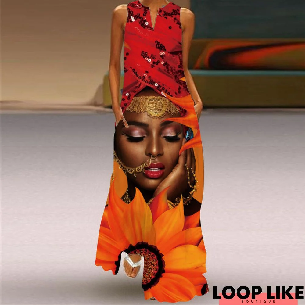 Women's Bohemian Beach V-neck Sleeveless Maxi African Dresses