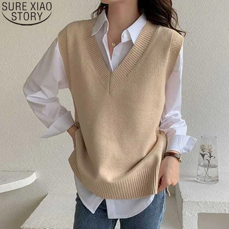 Vintage Knit Vest Women Sweater Sleeveless Tank Top V-neck Streetwear Casual Loose Korean Pullover Autumn Winter Clothes 17335