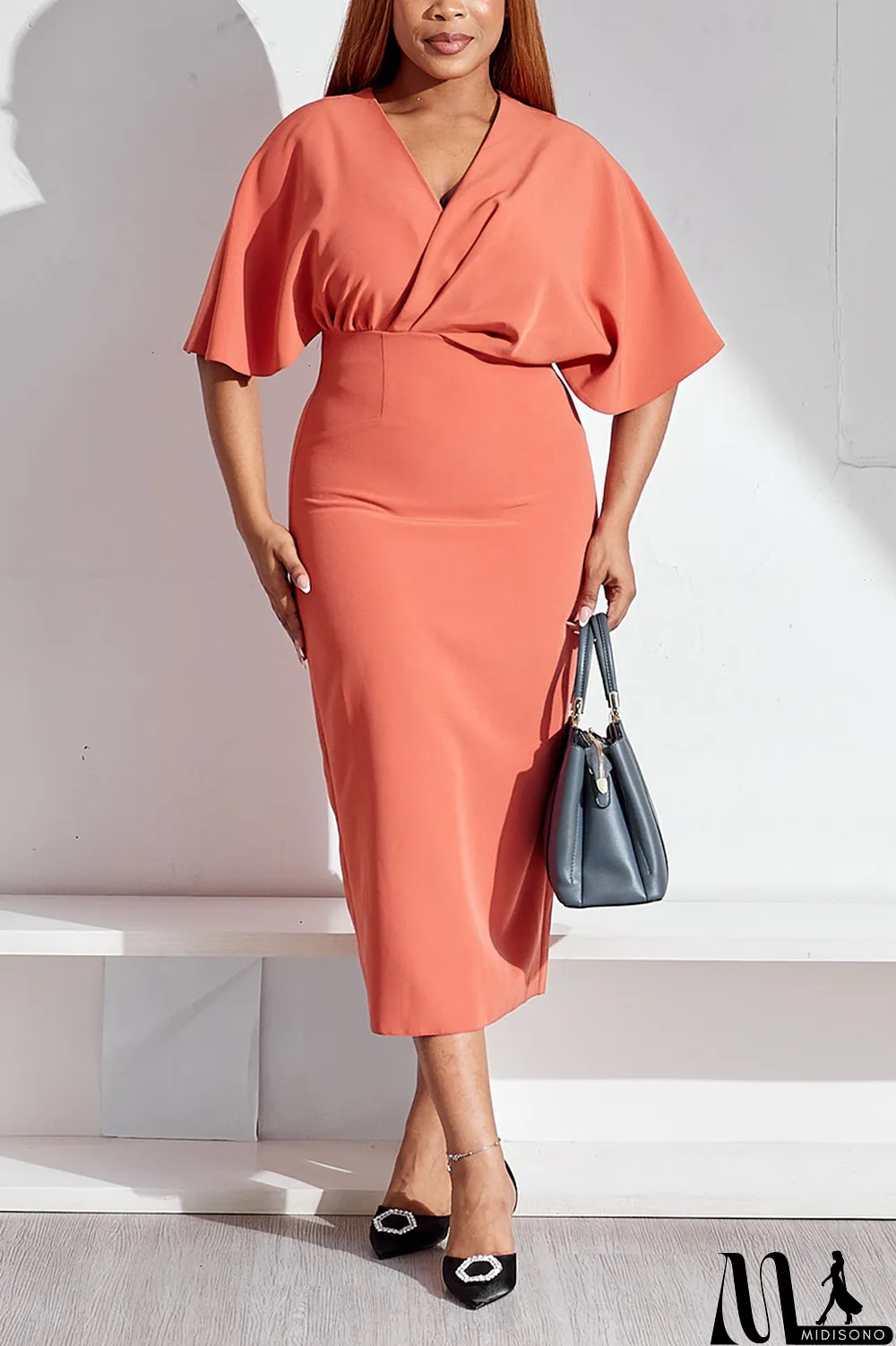 MidiSono - Black Plus Size Casual Simplicity Basis Solid Color V Neck Wrapped Skirt